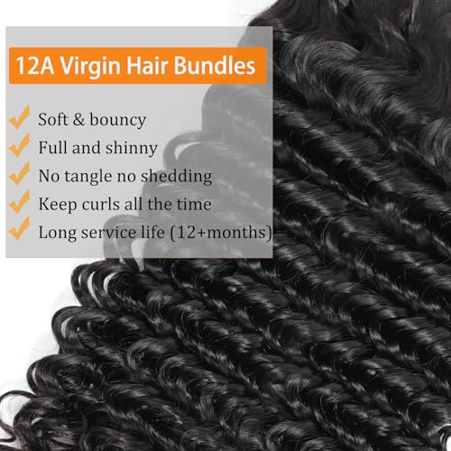Deep Wave Bundles Human Hair 16 18 20 Inch Deep Curly Bundles 12A Grade 100% Unprocessed Brazilian Virgin Hair Wet and Wavy Bundles Double Weft Natural Black Color