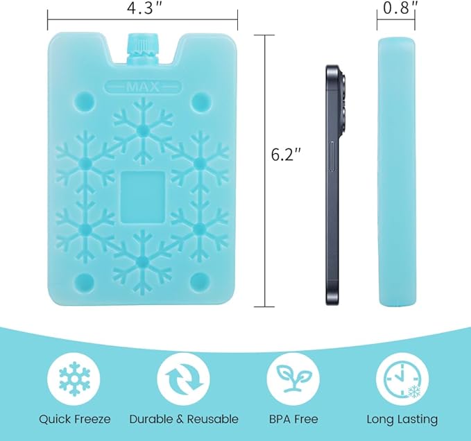 Bodaon Ice Packs for Lunch Boxes, Lunch Cooler Bag, Reusable Small Lunch Box Ice Pack for Cooler, Lunchbox Accessories, Lunch Bag Freezer Long Cold Blue Ice Packs Blocks for Coolers, Kids, Adults