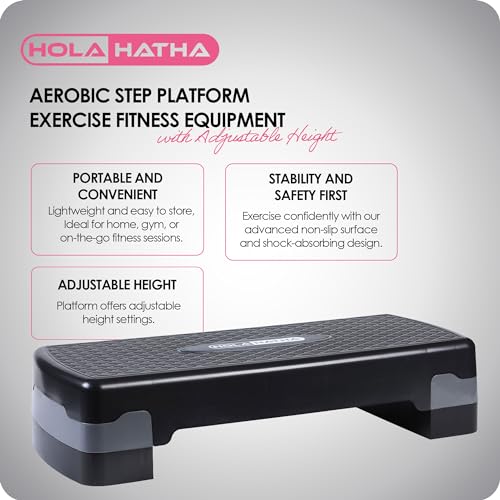 HolaHatha Compact Portable Aerobic Step Platform Exercise Fitness Equipment, Cardio Stepper with Adjustable Height for Home Gym, Black