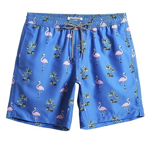 maamgic Mens Swim Trunks Quick Dry Swim Shorts with Mesh Lining Funny Swimwear Bathing Suits Flamingo N Tree Blue X-Small