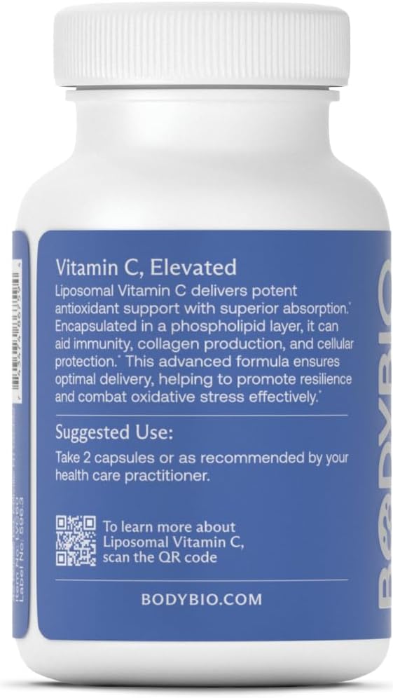 BodyBio Liposomal Vitamin C for Immune and Cell Support, Powerful Antioxidant, Pure Ascorbic Acid with Maximum Absorption - 60 Capsules
