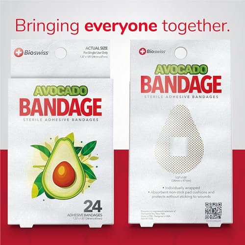 BioSwiss Bandages, Avocado Shaped Self Adhesive Bandages, Latex Free Sterile Wound Care, Fun First Aid Kit Supplies for Kids, 24 Count