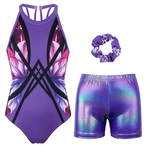 MODAFANS Gymnastics Leotards for Girls With Shorts Tumbling Dance Clasp Back Activewear Violet Bloom,4-5Years