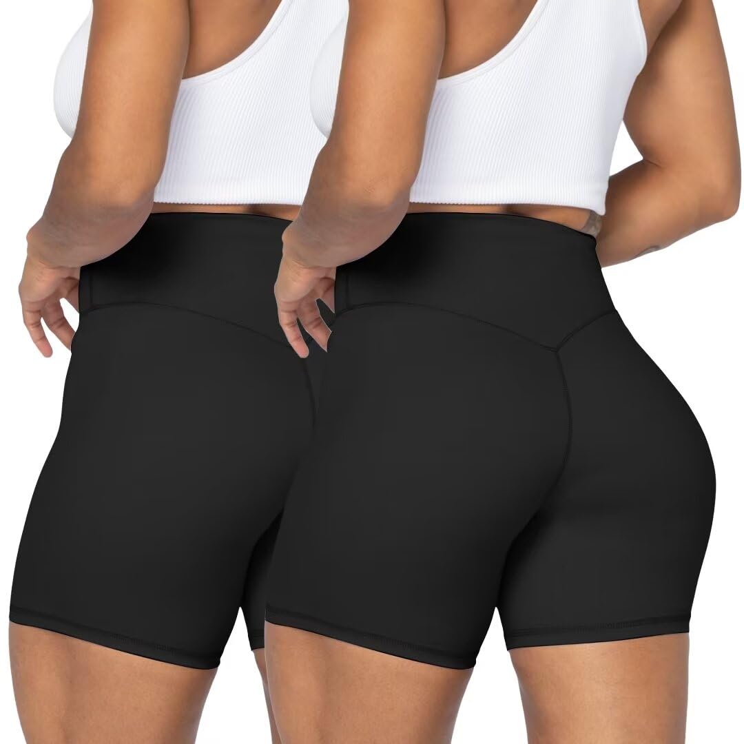 Sunzel Women's Biker Shorts in High Waist Tummy Control with No Front Seam 5" Black+Black (2 Pack) X-Small