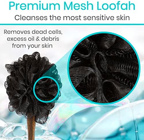 Vive 17” Shower Loofah with Long Handle - Exfoliating Back & Body Scrubber for Men & Women - Luffa Sponge on a Stick for Bathing, Cleaning - Includes Extra Handheld Lufa, Hook & String to Hang on Wall