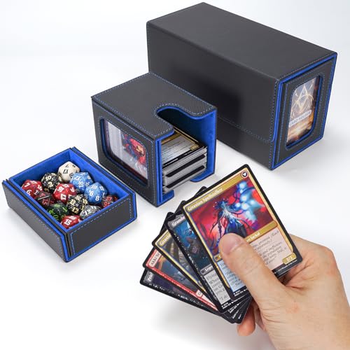 AFIING MTG Commander Card Storage Box - Fits 200 Double Sleeved Cards,3-in-1Card Deck Case,Strong Magnet Card Organizer For Magic Commander TCG CCG,4Dividers &2 Toploaders, Black/Blue