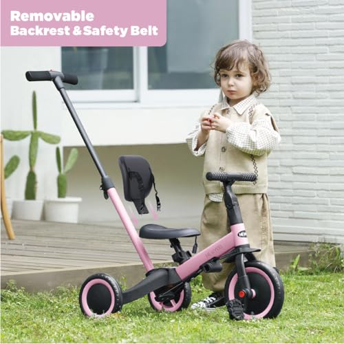 newyoo Toddler Tricycle,Toddler Bike,Birthday Gifts & Toys for 1-3 Year Old Boys & Girls, Trike with Push Handle, Backrest and Safety Belt, Balance Bike, TR007, Pink