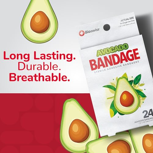 BioSwiss Bandages, Avocado Shaped Self Adhesive Bandages, Latex Free Sterile Wound Care, Fun First Aid Kit Supplies for Kids, 24 Count