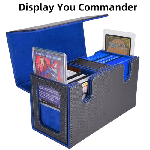 AFIING MTG Commander Card Storage Box - Fits 200 Double Sleeved Cards,3-in-1Card Deck Case,Strong Magnet Card Organizer For Magic Commander TCG CCG,4Dividers &2 Toploaders, Black/Blue
