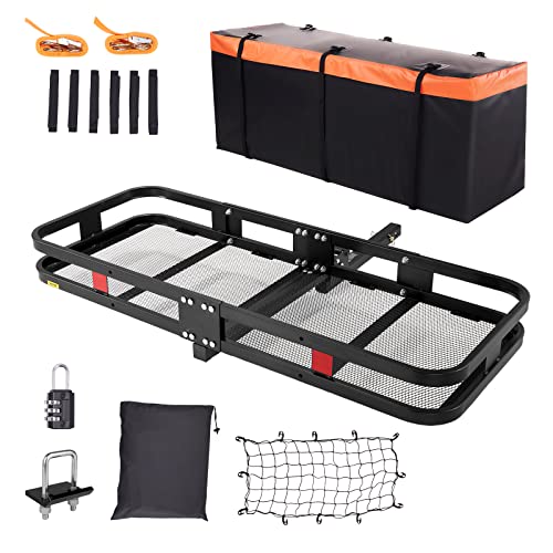 VEVOR Hitch Cargo Carrier, 60 x 24 x 6 in Folding Trailer Hitch Mounted Steel Cargo Basket, 500lb Luggage Carrier Rack with Waterproof Cargo Bag & Cargo Net, Fit 2" Hitch Receiver for SUV Truck Pickup