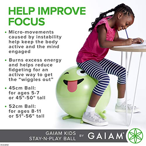 Gaiam Kids Stay-N-Play Children's Balance Ball - Flexible School Chair Active Classroom Desk Alternative Seating Built-In Stay-Put Soft Stability Legs, Includes Air Pump, 45cm, Blue