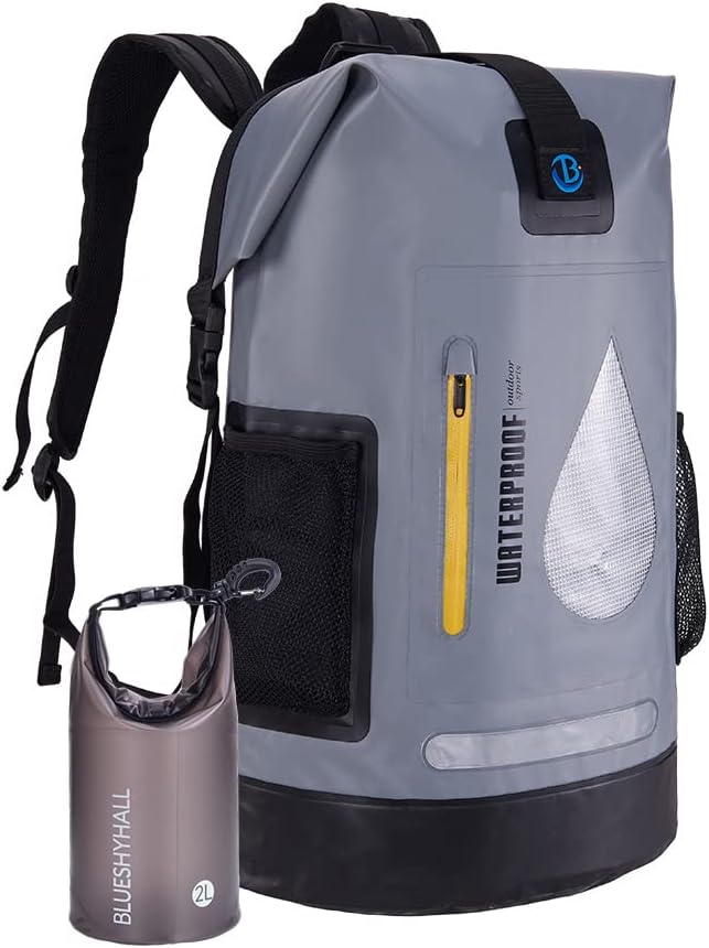 Blueshyhall 30L Waterproof Dry Backpack, Outdoor Travel Roll Top Closure Water Repellent Duffle Storage Sack for Kayaking Rafting Boating Fishing Camping and Beach - Grey