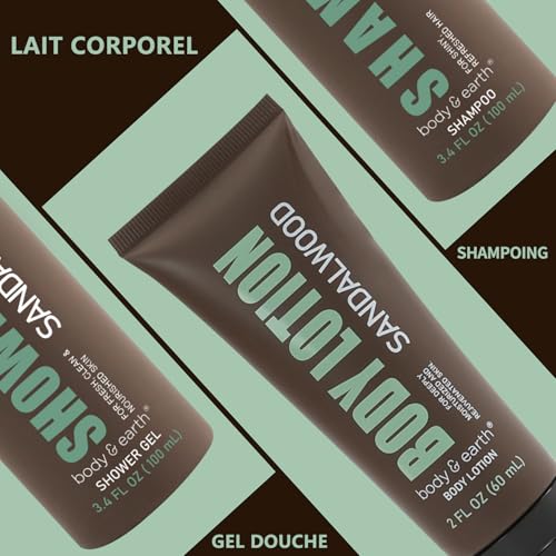 BODY & EARTH Men Gift Sets - 3PC Mens Gift Baskets Includes Sandalwood Shower Gel, Body Lotion, Shampoo, Mens Gift Basket as Birthday and Christmas Gifts for Men, Boyfriends and husbands