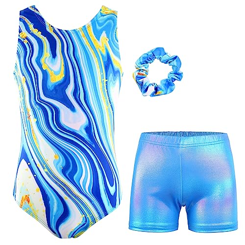 MODAFANS Leotards for Girls Gymnastics with Shorts Ballet Dance Activewear Blue Marble,4-5Years