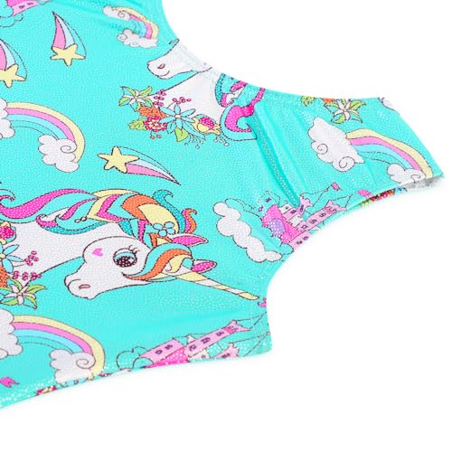 Belovance Leotards for Girls Gymnastcis Dance Outfit 7-8 Kid Child Sleeveless Sparkle Green Castle Unicorn Biketard (Green Castle, 7-8 Years)