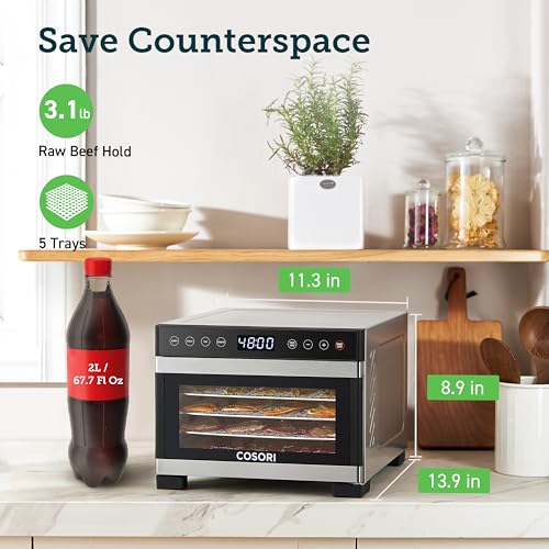 COSORI Food Dehydrator for Jerky, Large Drying Space with 6.48ftΒ², 600W Dehydrator Machine, 6 Stainless Steel Trays, 48H Timer, 165Β°F Temperature Control, Yogurt Maker, for Herbs, Meat, Fruit