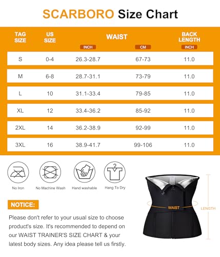 SCARBORO Waist Trainer for Women Belly Fat Sauna Sweat Waist Trimmer Corset for Stomach Wrap Workout Belt Shaper Band Zipper (Black-silver inner, Small)