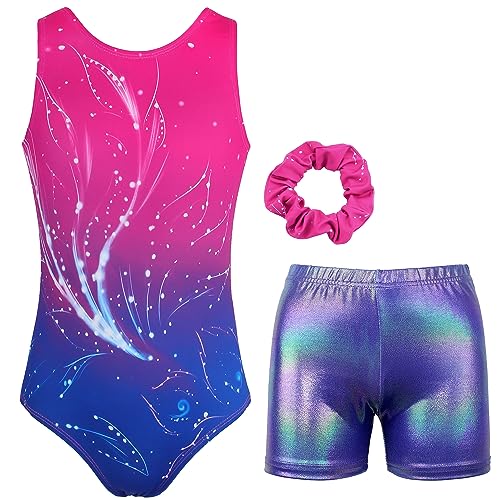 MODAFANS Leotards for Girls Gymnastics with Shorts Ballet Dance Set Athletic Leotards with Hair Scrunchie Fuchsia Phoenix Tail,8-9Years