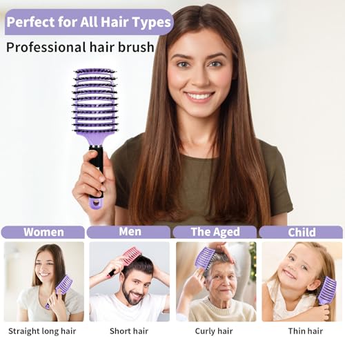 Boar Bristle Hair Brush Set of 2, HIPPIH Wet & Dry Hair Brushes Made by Fine Natural Boar Hair Can Adds Shine and Smoothing, Detangling Hairbrush for Women, Men & Kids' Long Curly Thick Hair