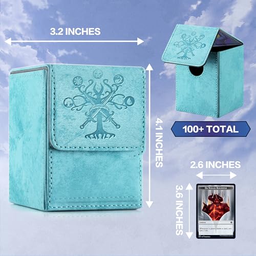 PROMAXIBINDER MTG Card Deck Box, Commander Deck Box Fits 100+ Single Sleeved Cards, Storage for TCG/MTG Crads, PU Leather Strong Magenet (Sky Blue, Tree)