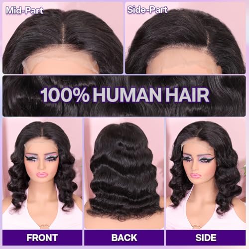 Body Wave BOB Wig Human Hair 5X5 HD Lace Closure Wavy Wigs for Black Women Glueless Wear And Go Wigs Human Hair Pre Plucked Wavy Wig 200 Density Virgin Hair 14 Inch Glueless Body Wave Bob