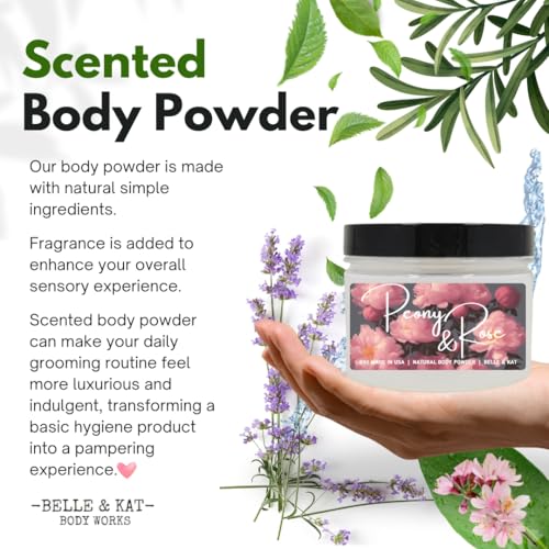 Body Powder for Men & Women Scented Peony & Rose, Perfume Dusting Powder, Bath Powder with Fragrance & Essential Oils, Talc Free 8oz Container, Made in USA
