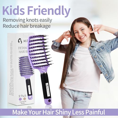 Boar Bristle Hair Brush Set of 2, HIPPIH Wet & Dry Hair Brushes Made by Fine Natural Boar Hair Can Adds Shine and Smoothing, Detangling Hairbrush for Women, Men & Kids' Long Curly Thick Hair