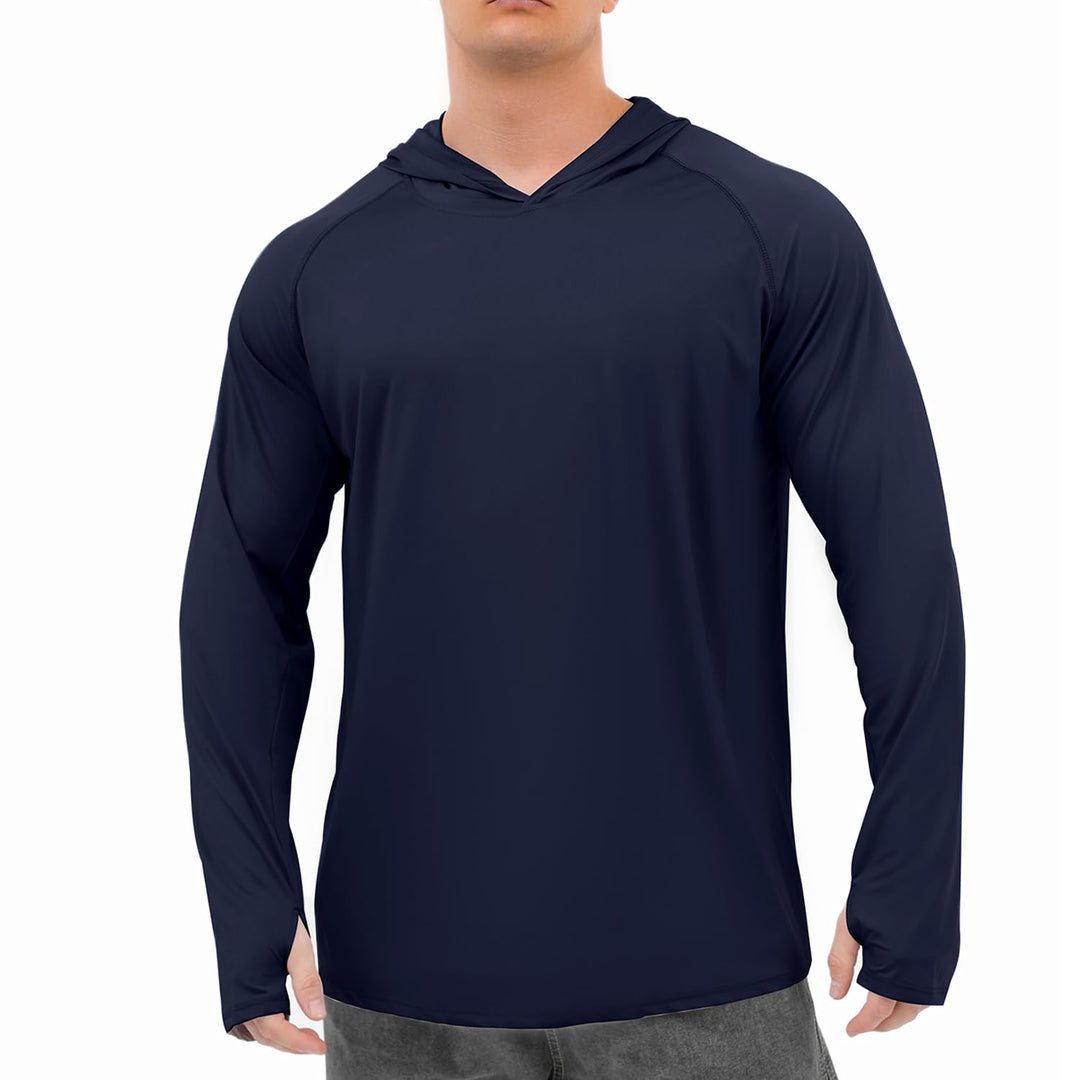 Men Long Sleeve Sun Shirts: Mens UPF 50+ Sun Protection Hoodie SPF/UV Dry Fit Hiking Swimming Fishing Thumbholes Shirt Navy