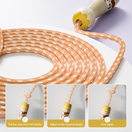 Jump Rope for Kids-Adjustable Cotton Braided Skipping Rope with Wooden Handle for Toddler Fitness Workout Exercise Outdoor Activity