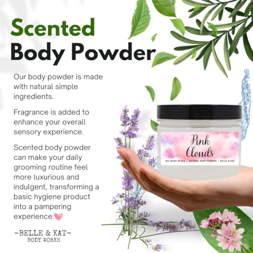 Body Powder for Men & Women Scented Pink Clouds, Perfume Dusting Powder, Bath Powder with Fragrance & Essential Oils, Talc Free 8oz Container, Made in USA