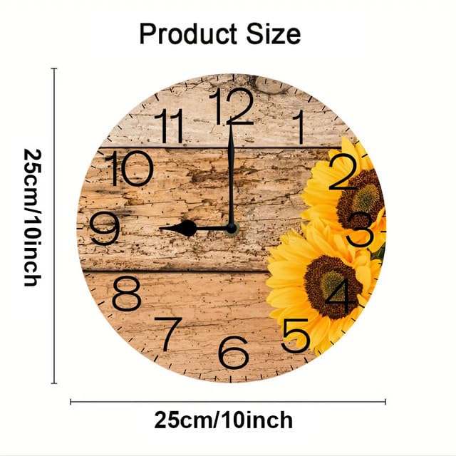 Geroclonup Sunflower Wooden Silent Non Ticking Clock 25cm, Round Wall Clock,Decorative for Living Room, Kitchen, Home,Bathroom, Bedroom, Office or School, Decor on Wood