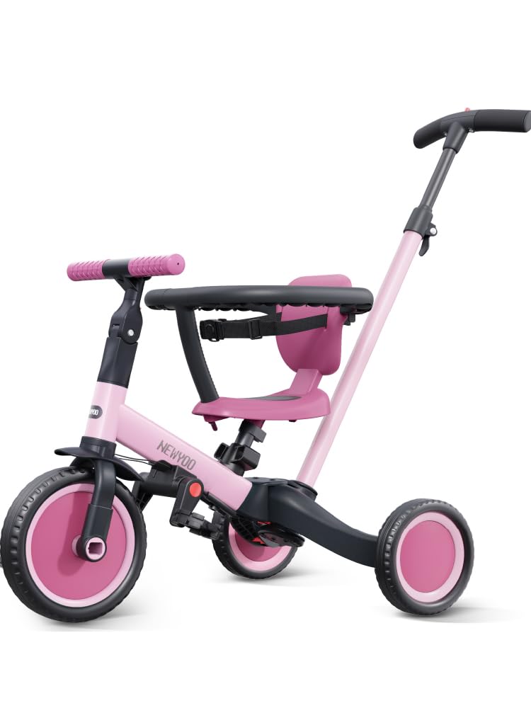 newyoo Toddler Bike, 5 in 1 Tricycles for 1-3 Year Olds, Convert to Balance Bike, Birthday Gift & Toy for Boys & Girls, Kids Trike with Push Handle, Pink, TR008