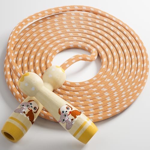 Jump Rope for Kids-Adjustable Cotton Braided Skipping Rope with Wooden Handle for Toddler Fitness Workout Exercise Outdoor Activity