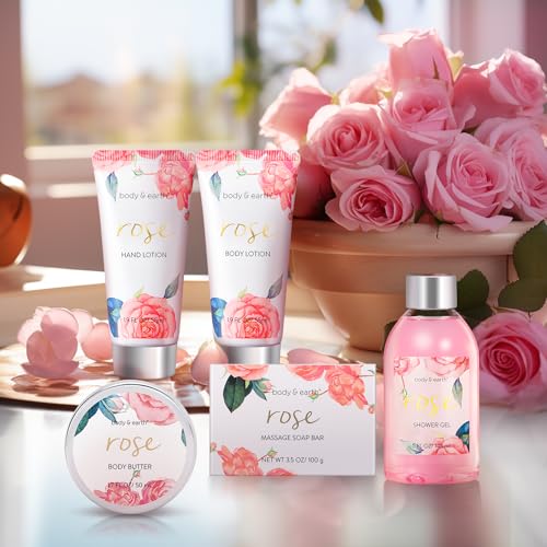 BODY & EARTH Spa Gift Set for Women - Luxurious 5 Pcs Bath and Body Gift Sets with Rose Scent, Spa Gift Box, Bath Set Includes Body Wash, Body Butter, Body Lotion and More, Birthday Gifts for Women