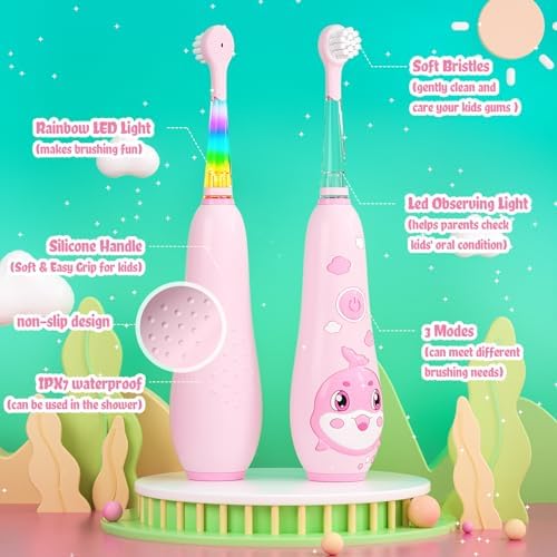 SEAGO Kids Electric Toothbrushes Rechargeable, Toddler Electric Toothbrush with Magnetic Charging, LED Observing Light, 8 Toothbrush Heads for Ages 2-4-6 Boys Girls (Pink)