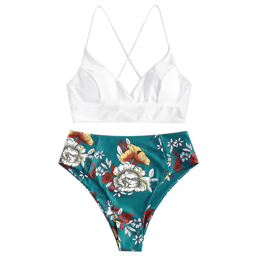 ZAFUL Women's Plunging Neck Floral Surplice High Cut Two Piece Tankini Swimsuit (Z-1-Deep Green, M)