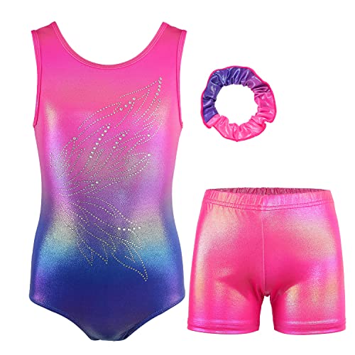 MODAFANS Leotards for Girls Gymnastics with Shorts Ballet Dance Set Activewear with Hair Scrunchie Flying Wings,4-5Years