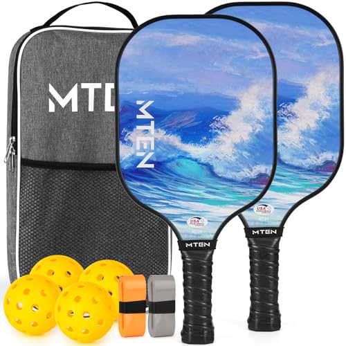 MTEN Pickleball Paddles, Approved Fiberglass 2 Pickleball Paddles, 4 Paddles Balls, 1 Carry Bag, Lightweight Pickleball Paddles Set of 2 with Rackets&Carry Bag Pickleball Set for Beginner