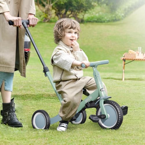 newyoo Toddler Tricycle with Push Handle for 1-3 Year Old, Toddler Bike, Birthday Toy for Boys & Girls, 5 in 1 Kids Trike, Balance Bike with Backrest & Safety Belt, Green, TR007