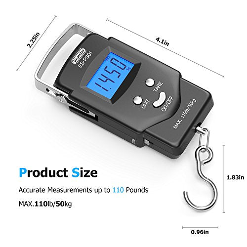 Fish scale, Dr.meter Backlit LCD Display 110lb/50kg PS01 Fishing Scale with Measuring Tape, Electronic Balance Digital Fishing Postal Hanging Hook Scale with 2 AAA Batteries-Fishing Gifts for Men