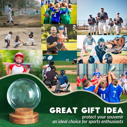 JupDec Baseball Display Case, Round Clear Ball Holder with Wooden Base, Autograph Baseball Stand Box for Single Ball, Acacia Wood, Brown