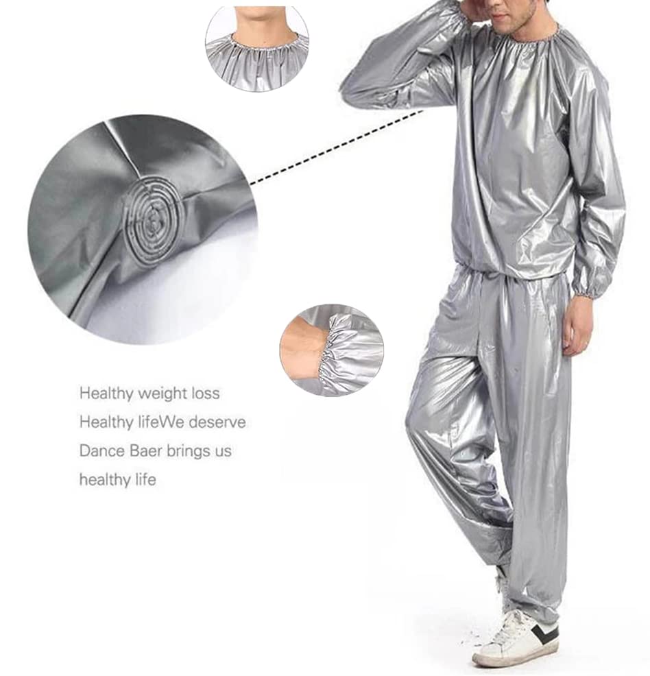 Heavy Duty Sauna Suit Men Women Weight Loss Exercise Slimming Gym Fitness Workout Anti-Rip Sweat Suit (Silver, M)