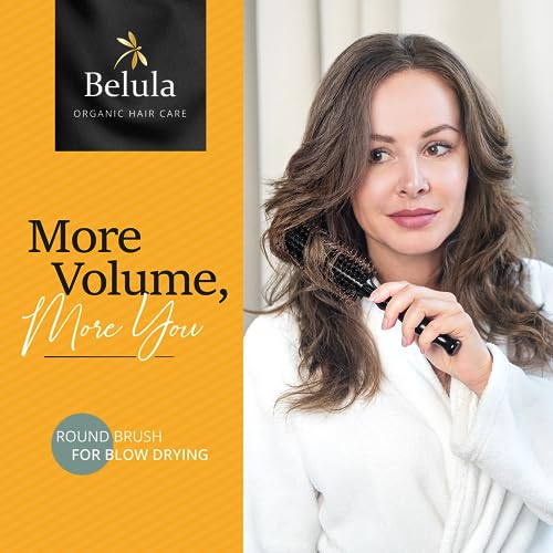 Belula Boar Bristle Round Brush for Blow Drying Set. Round Hair Brush With Large 2.7” Wooden Barrel. Hairbrush Ideal to Add Volume and Body. Free 3 x Hair Clips & Travel Bag.