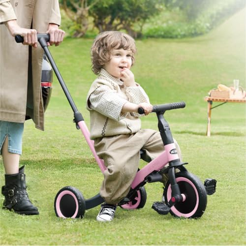 newyoo Toddler Tricycle,Toddler Bike,Birthday Gifts & Toys for 1-3 Year Old Boys & Girls, Trike with Push Handle, Backrest and Safety Belt, Balance Bike, TR007, Pink