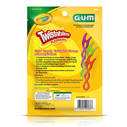 GUM Crayola Twistables Kids Flossers with Fluoride - Designed for Little Hands - Three Fun Fruit Flavors - Easy to Use Kids Floss Picks for Children Ages 3+, 90 Count