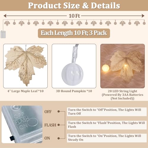 3 Pack 60 LED Fall Decor Garland with 3D Pumpkin Lights Enlarged Maples Leaf 3×10Ft 2-Mode Battery Operated String Light Autumn Fall Decorations for Home Porch Table Centerpiece Mantle Indoor Outdoor