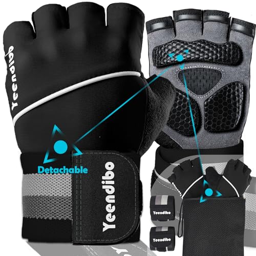 Yeendibo 5-in-1 Workout Gloves for Men & Women, with Excellent Grip, Full Protection Exercise Weight Lifting Gym Gloves, Detachable Wrist Strap & Mesh Bag