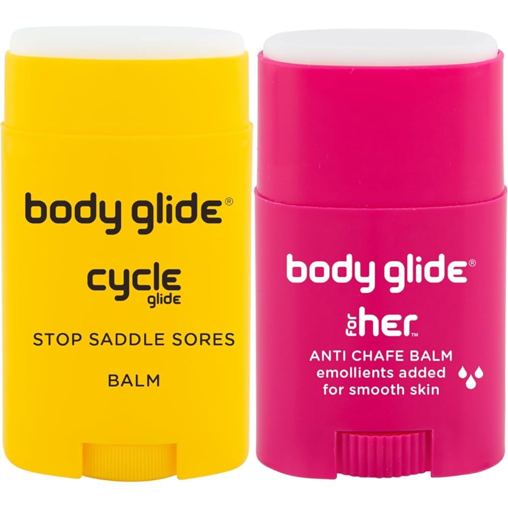 BodyGlide Cycle Glide Anti Chafe Balm Stick for Biking, Motorcycling, Horseback 1.5oz + for Her Anti Chafe Balm for Bra, Thighs, Heels 0.8oz