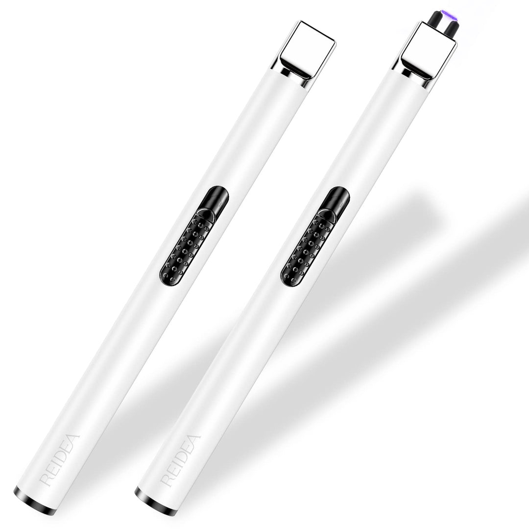 REIDEA Electronic Candle Lighter Arc Windproof Flameless USB Rechargeable Lighter with Safe Button for Home Kitchen (2 Pack White)