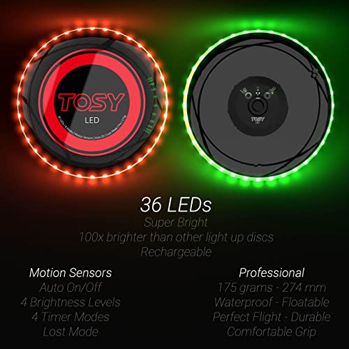 TOSY Flying Disc - 16 Million Color RGB or 36 or 360 LEDs, Extremely Bright, Smart Modes, Auto Light Up, Rechargeable, Birthday Gift, Easter Basket Stuffers for Men/Boys/Teens/Kids, 175g frisbee